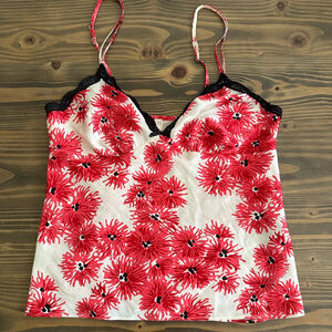 Women’s California Dynasty Camisole Top Small Red White Floral Black Lace Trim L
